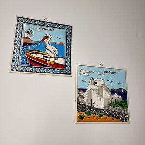 VTG Hand Made In Greece Ceramic Tiles Mykonos By Niarchos 6x6 Colorful Scene (2)
